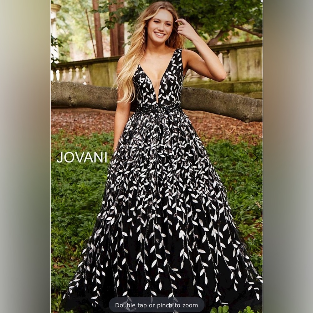 Jovani Black and White Leaf Pattern Prom Dress